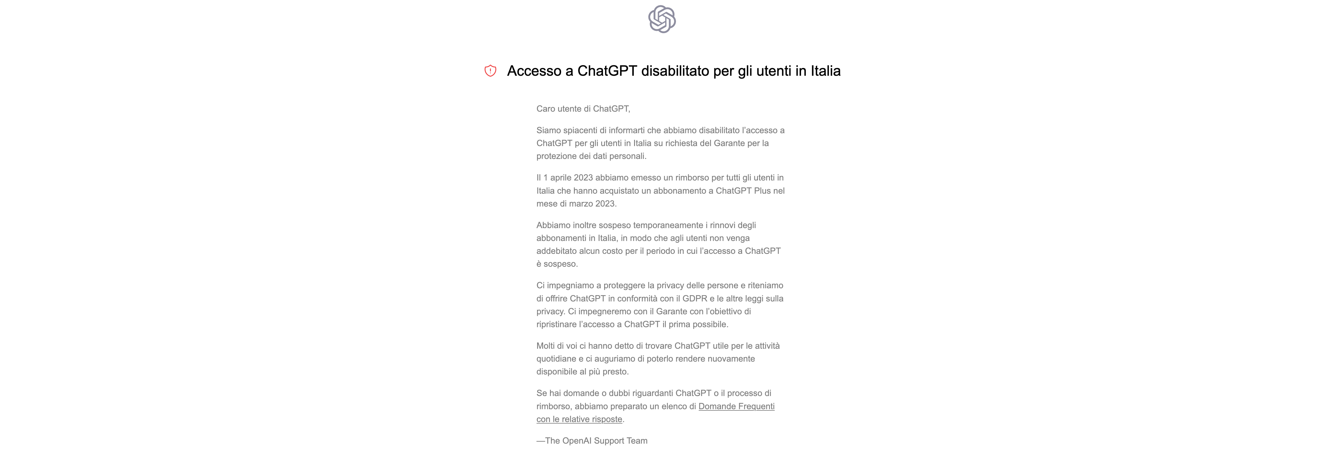 Cosa vedete se andate su chat.openai.com in italia