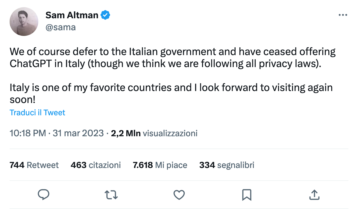 Immagine del tweet di sam altman, CEO di OpenAI